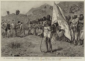 Una entrevista entre Lord Wolseley y los jefes de una tribu amiga, abanderado en primer plano de Charles Edwin Fripp